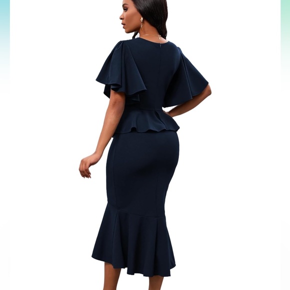 NWOT Elegant Navy Blue Ruffle Short Sleeve Fishtail Peplum Midi Dress Small - Picture 13 of 16